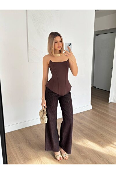 cemo Kadın Straplez Korse Görünümlü Asimetrik Kesim Bluz