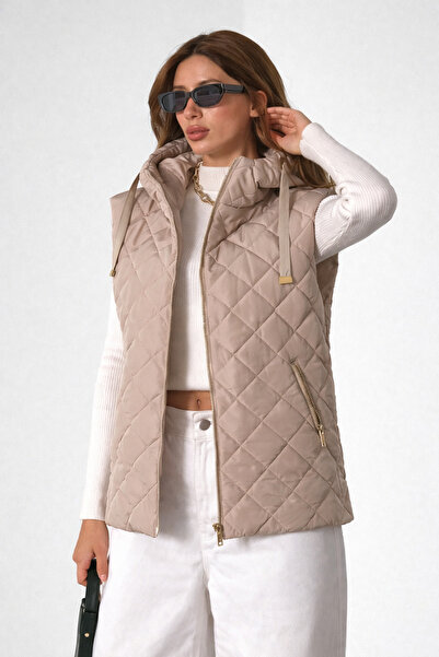 GİYİYORUM Kadın Bej Kapüşonlu Kapitone Şişme Yelek Fermuarlı Günlük Rahat