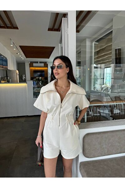 ÇEÇİM Women's Zippered Waist Drawstring Shorts Jumpsuit Zyn-58924