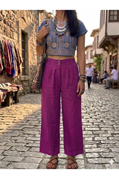 AYASOFYA OTANTIK Γυναικείο ιταλικό λινό παντελόνι με ελαστική μέση σε λιλά απ...