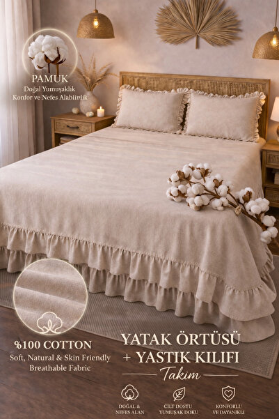 perde plus %100 Pamuk Yatak Örtüsü Yastık Kılıfı Takımı Fırfırlı – Çift Kişil...