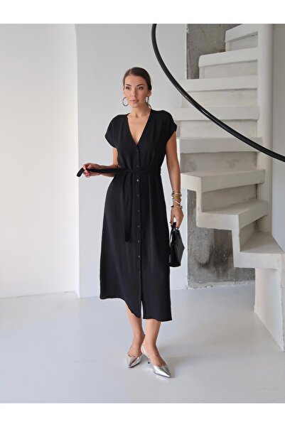 Paw Garage Women's Cemila Aerobin Fabric Front Buttoned Belted Dress