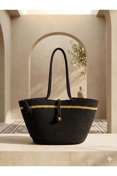 Rora Μαύρη χρυσή ριγέ λεπτομερής πλεκτή γυναικεία τσάντα ώμου μεγάλου μεγέθου...