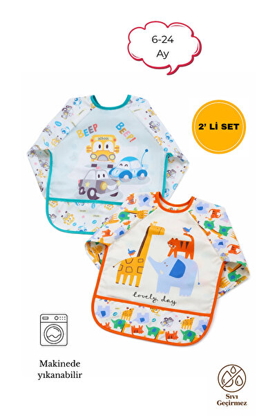 Bebek Mama Önlüğü Erkek Çocuk - Araba ve Aslan Desenli 2’li SET