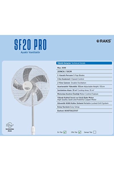 Raks SF20 PRO AYAKLI VANTİLATÖR 20'' 90 WATT 5 KANATLI