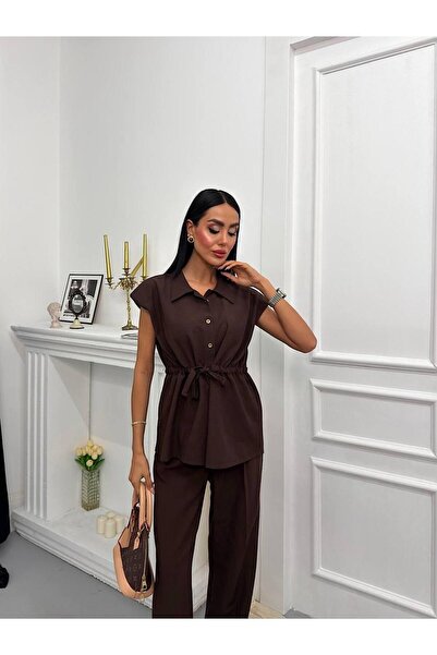 Ekim Store Γυναικείο Σετ Παντελόνι με Λεπτομέρεια στα Κουμπιά και Γιλέκο Modal