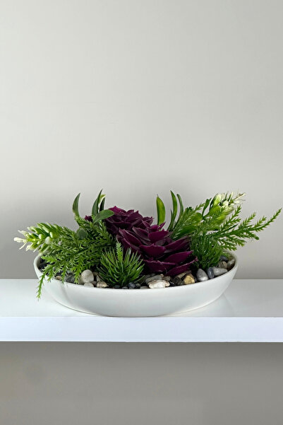 Overdal Beyaz Tabakta Mor Yapay Sukulent Aranjmanı Dekoratif Duvar ve Masa Üs...