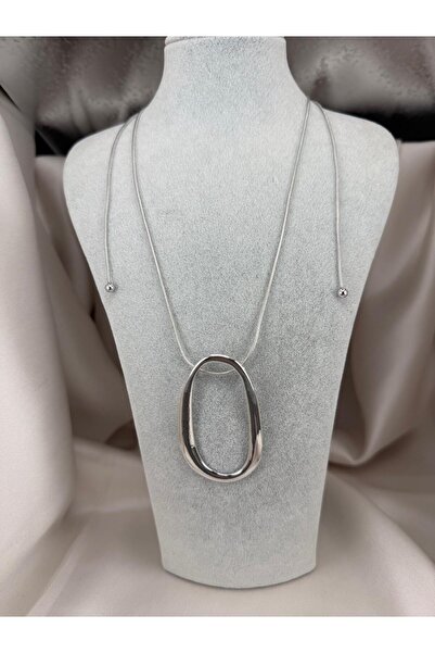ZS Aksesuar Silver Color Oval Ring End Long Women's Necklace – Minimal, Moder...