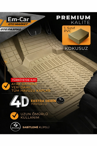 EMCAROTOMARKET Tüm Araçlara Uyumlu Bej Renk 4d %100 Kauçuk Havuzlu Oto Paspas...