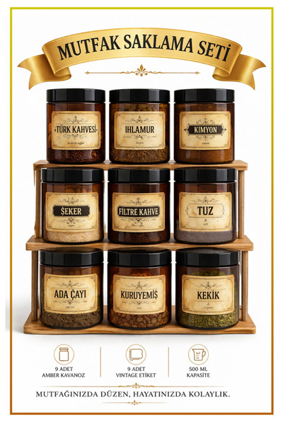 Alubrella Kitchen Storage Set - 9 Amber Jars and Food Labels, 500 ml