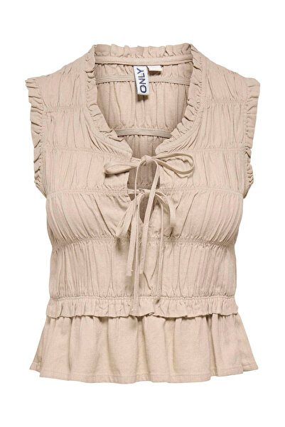 ONLY Onlgoa S/S Linen Bl Frıll Top Cc Pnt Μπεζ Γυναικείο T-Shirt 15363693