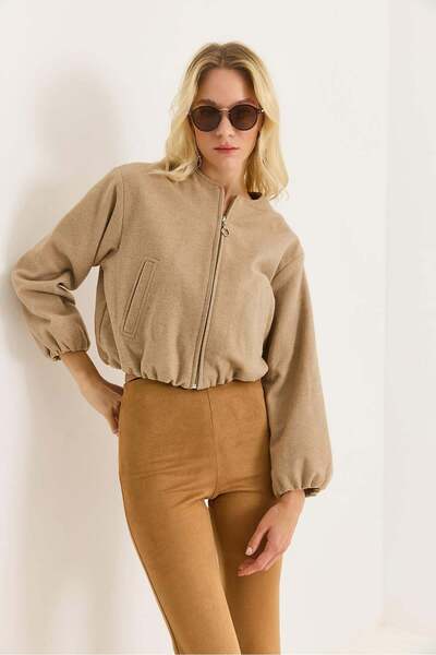 Raneel Kazançlı Alışveriş Women's Bomber Jacket with Pockets and Zipper, Mink