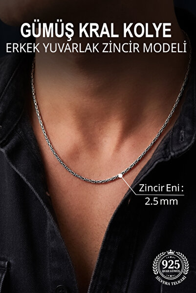 SİLVERA TELKARİ 925 Ayar Gümüş Erkek Kolye 2.5 mm Yuvarlak Zincir Kral Kolye ...