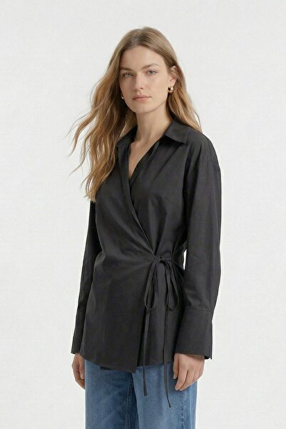 Rays Μαύρο πουκάμισο με σκίσιμο στο μανίκι και δέσιμο στο πλάι 5257