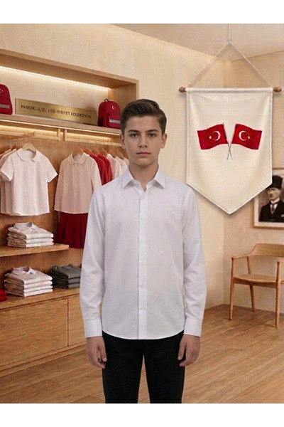secret touch Erkek Çocuk Beyaz Uzun Kol Pamuklu Okul ve Gösteri Gömleği