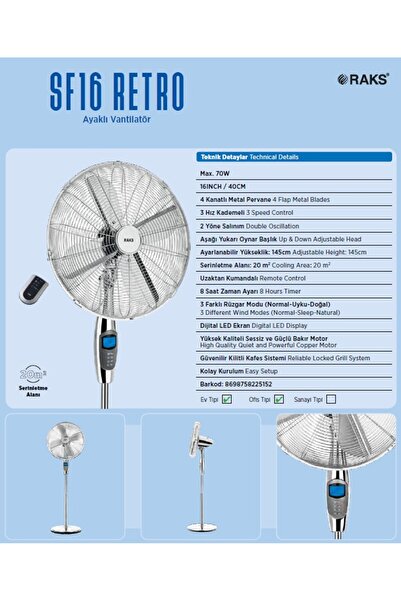 Raks SF16 RETRO AYAKLI VANTİLATÖR 16'' 70 WATT UZAKTAN KUMANDALI DİJİTAL LED EKRANLI