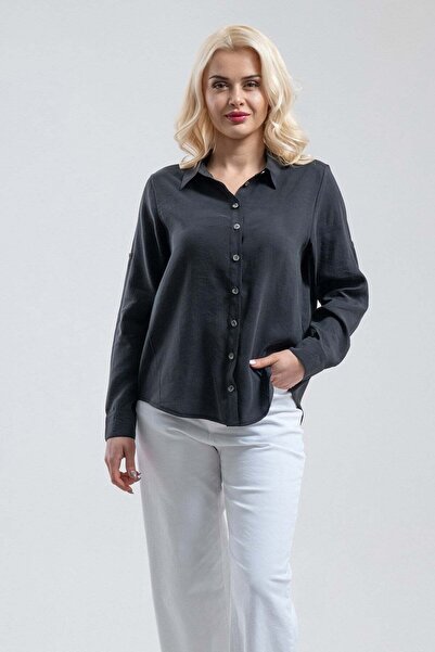 Bold & Young Cămașă Britli confortabilă din țesătură modal antracit pentru femei