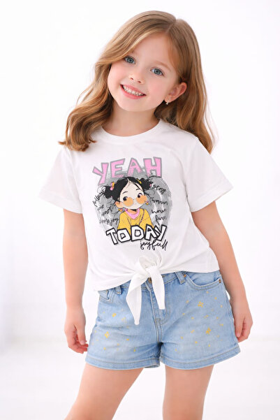 İrem Çocuk Giyim Girl's Yeah Written and Illustrated Patterned White Color T-...