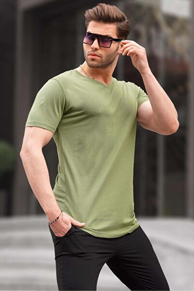 Madmext Basic V-Neck Khaki T-Shirt 5281