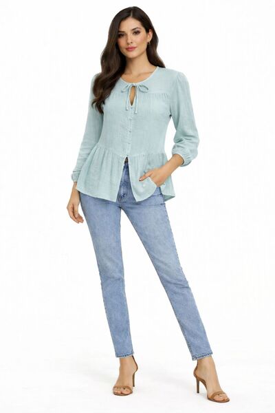 MODAMERSİ Γυναικείο Τυρκουάζ Πουκάμισο Μουσελίνας με Δέσιμο στο Λαιμό και Ελα...