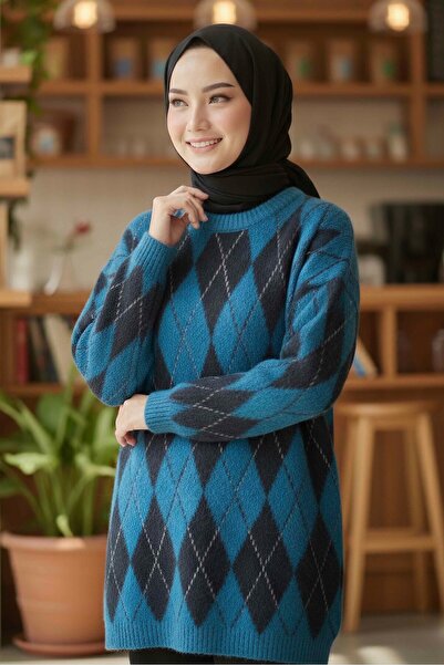 TOFİSA Πλεκτό πουλόβερ με σχέδιο μπακλαβά - 28244-PETROL