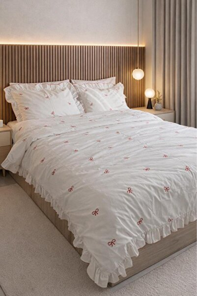 Çeyiz Diyarı Σετ Παπλωματοθήκης 6 τεμαχίων με Κέντημα Φιόγκου Κόκκινο