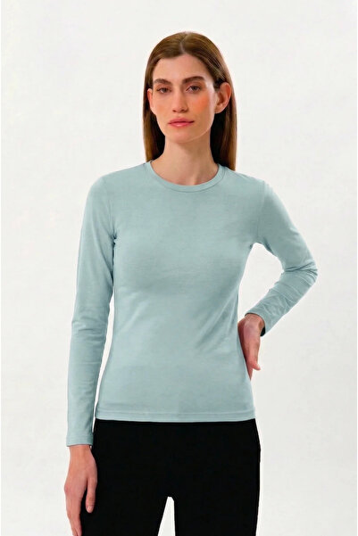 UNIQVIBE 100% Organic Cotton Aqua Green Crew Neck Long Sleeve Women's T-Shirt