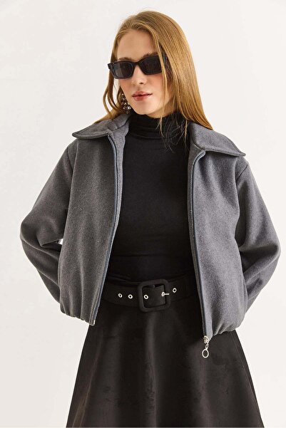 Raneel Kazançlı Alışveriş Gray Zippered Pocket Polo Collar Cashmere Bomber Coat