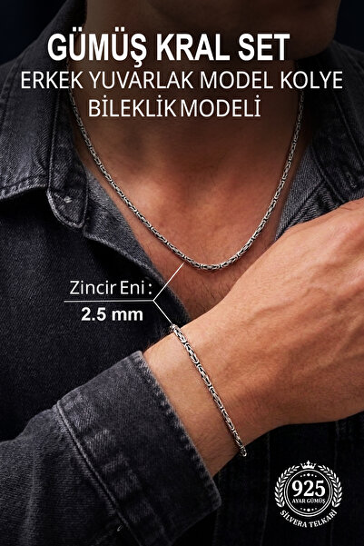 SİLVERA TELKARİ 2.5 mm Kral Yuvarlak 925 Ayar Gümüş Erkek Kolye ve Bileklik S...