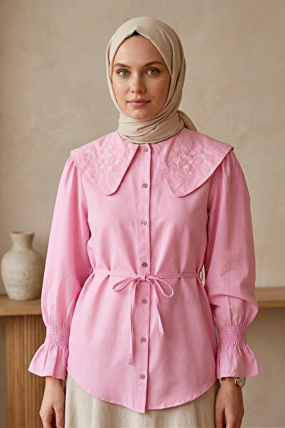 FERHEL Πουκάμισο Ποπλίνα με Κέντημα στο Γιακά για Μωρά - Ροζ