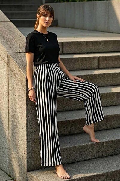 Relax Mode Women's Black Ecru Striped Pants Set - 26003R