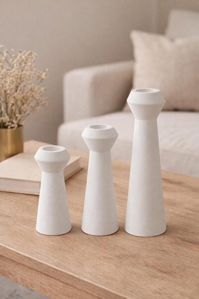 MİS KİTCHEN Minimal 3’lü Seramik Mumluk Seti Beyaz Modern Dekoratif Şamdan Seti