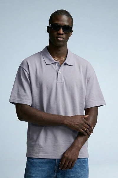 MATERIAL Men's Basic Short Sleeve Loose Gray Polo Collar T-Shirt