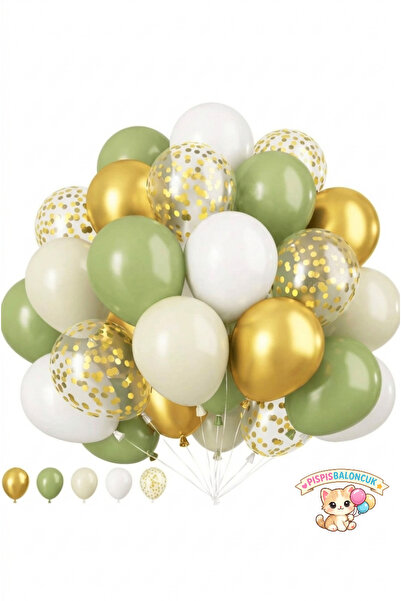 PISPISBALONCUK Küf Yeşili Krom Gold Kum Beji şeffaf Konfetili 15li Balon Seti...