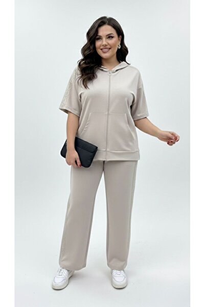 Koza Butik Γυναικείο σετ φόρμας μεγάλου μεγέθους με κοντό μανίκι, φερμουάρ κα...
