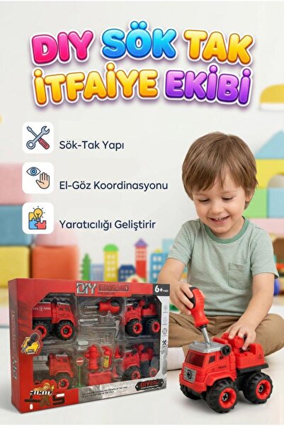 Tıfıl Toys DIY Sök-Tak 4'lü İtfaiye Kamyonlu 6'lı Aksesuarlı 4'lü Ekipmanlı E...