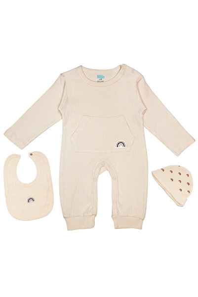 Babies Basic Ribbed Cotton Set with Sleepsuit/Romper, Cap and Bib