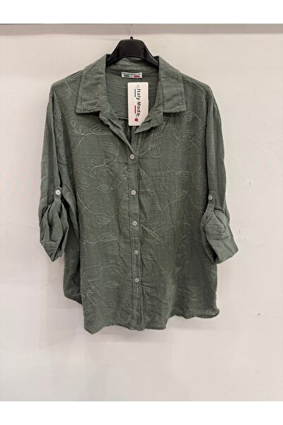 della moor Women's Khaki Italian Floral Embroidered Fold-Up Sleeve Shirt Size...