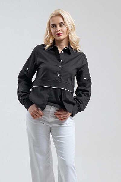 Bold & Young Cămașă neagră de damă, cu buzunare, cu nasturi pe jumătate și de...