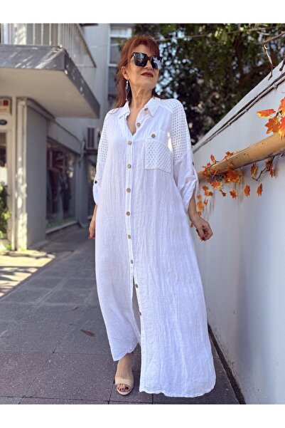 DenizEge Ιταλικό λινό πουκάμισο-φόρεμα σε λευκό χρώμα