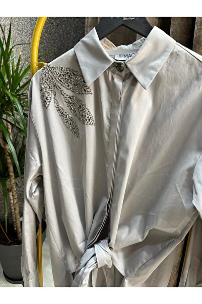 Lenur Boutique Maq Arkası Uzun, Omuz Taşlı Koton Gömlek Gri