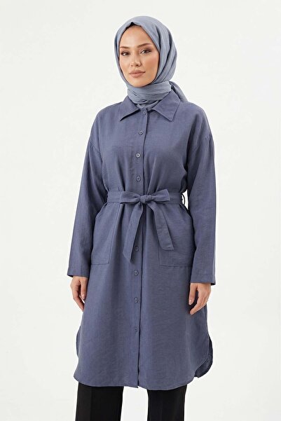 Lale Butik Μακρύ πουκάμισο τουνίκ από λυοσέλ με κορδόνια στη μέση 7501 Indigo