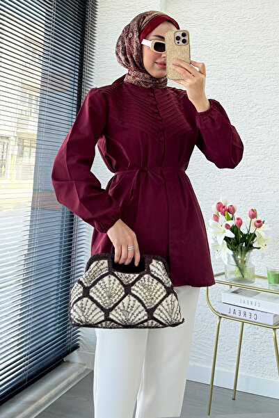 MELEK ARAZ Πουκάμισο-τουνίκ από ποπλίνα με λεπτομέρεια από ριμπ γιακά - Βουργ...