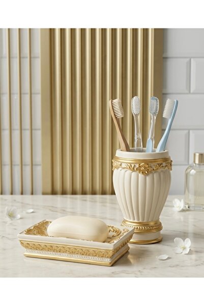 Zedef Tasarım Luxe Artisan Krem & Antik Altın El Boyaması Banyo Aksesuarları