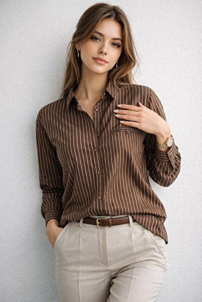 Polo State Γυναικείο πουκάμισο κανονικής εφαρμογής σε κρεμ χρώμα με λεπτές ρί...