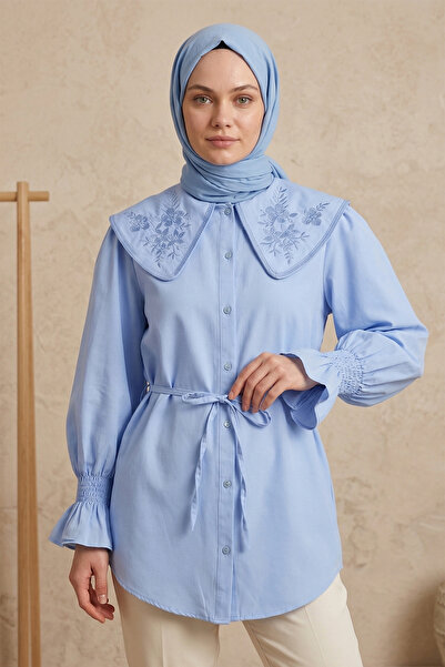 FERHEL Πουκάμισο Ποπλίνα με Κέντημα στο Γιακά για Μωρά - Μπλε