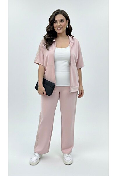 Koza Butik Γυναικείο σετ φόρμας μεγάλου μεγέθους με κοντό μανίκι, φερμουάρ κα...