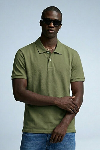 MATERIAL Men's Basic Short Sleeve Loose Khaki Polo Collar T-Shirt