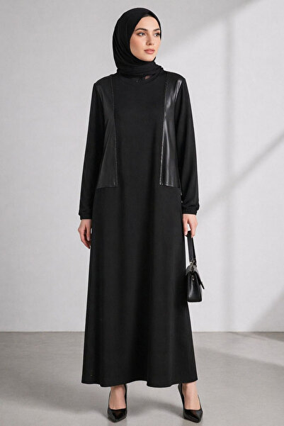 Tesettür Diyarı Γυναικείο δερμάτινο φόρεμα χιτζάμπ με λεπτομέρειες από ύφασμα...