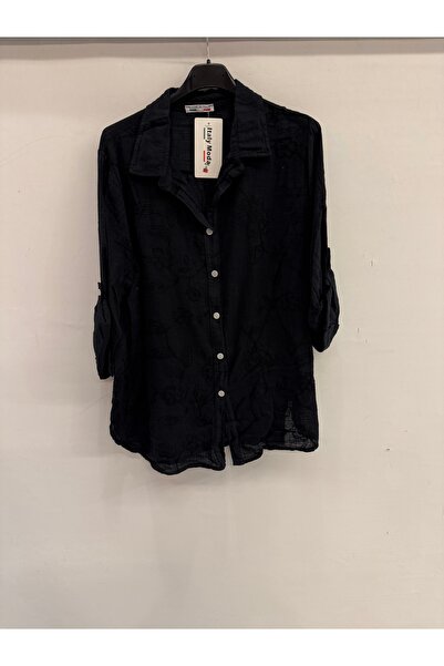 della moor Γυναικείο μαύρο ιταλικό πουκάμισο με κεντημένα λουλούδια και πτυσσ...